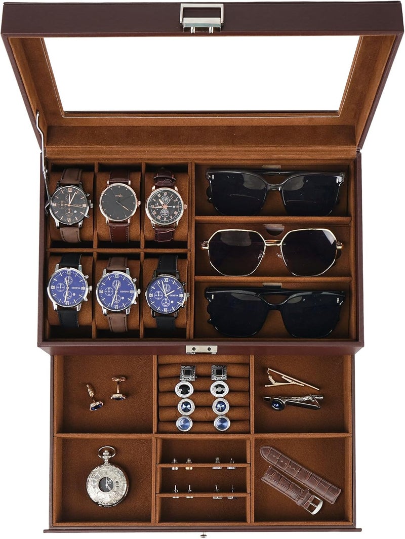 Jenseits Watch Organizer & Jewelry Box for Men – 6 Watch Slots, 3 Sunglass Slots, Drawer for Rings, Bracelets & Cufflinks, 2-Layer Leather Watch Display Case w/Glass Lid, Gift for Men & Women, Brown - Image 1